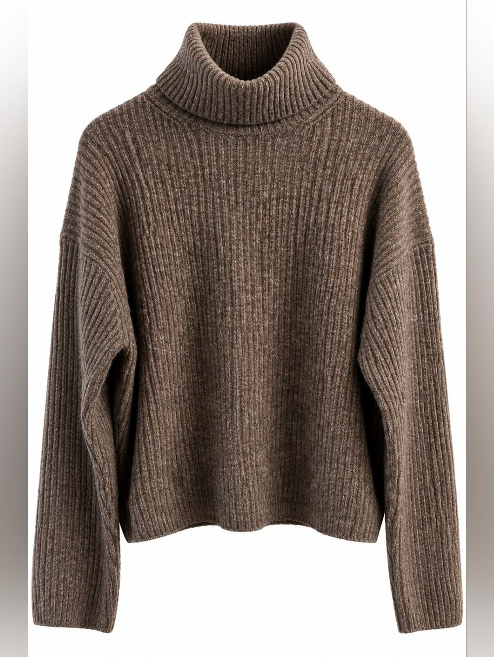 H&M Dusty Brown Wool Blend Ribbed Cropped Cowl Neck Sweater S, Minimalist